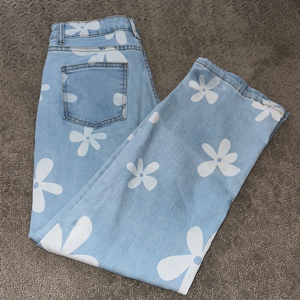 Light Blue Floral Straight Leg Jeans